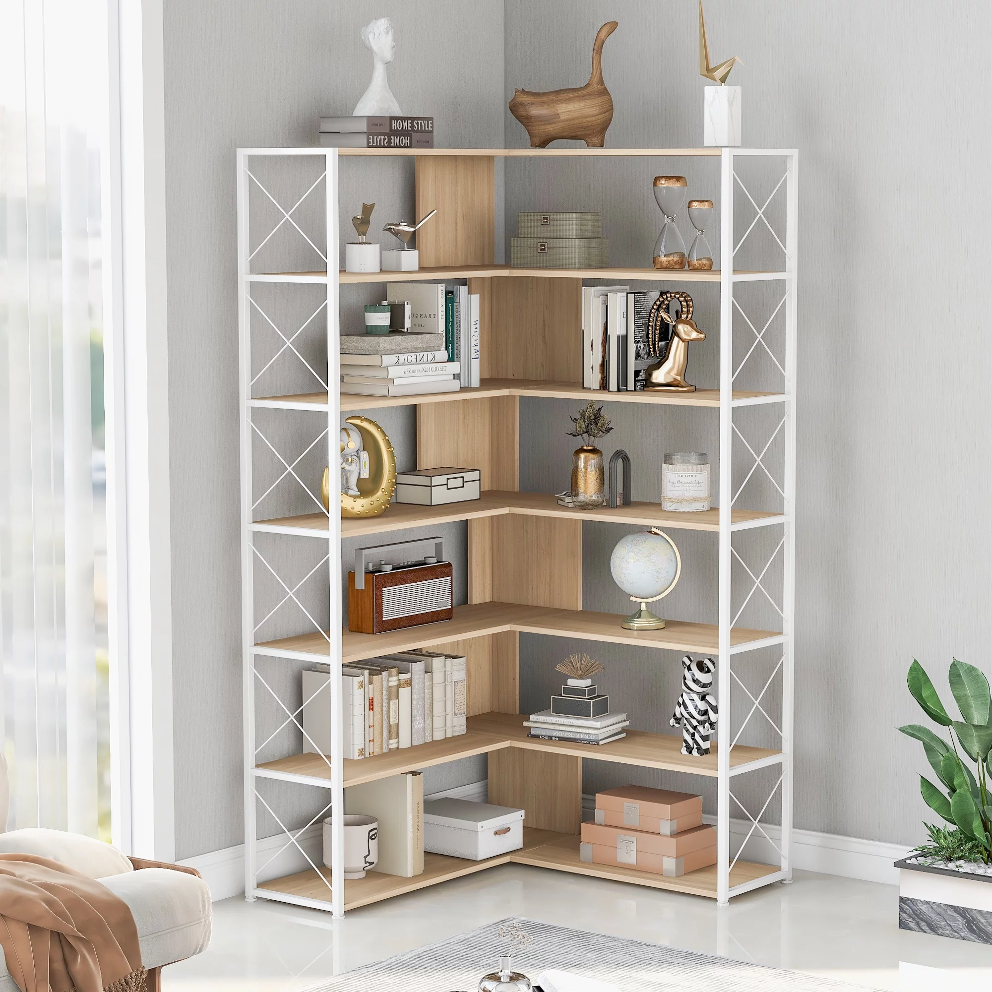 CQSXDA 7-Tier Corner Bookshelf, L-Shaped Modern Display Bookcase, Tall Standing Storage Book Shelves with Metal,Oak with Open Storage, MDF Board,Oak