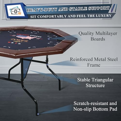 8 Players Poker Table Foldable,50inch Upgraded Folding Octagon Casion Table, Portable Texas Holedem Table w/Stainless Steel Cup Holders, Water-Resistant Cushioned Rail (Brown)