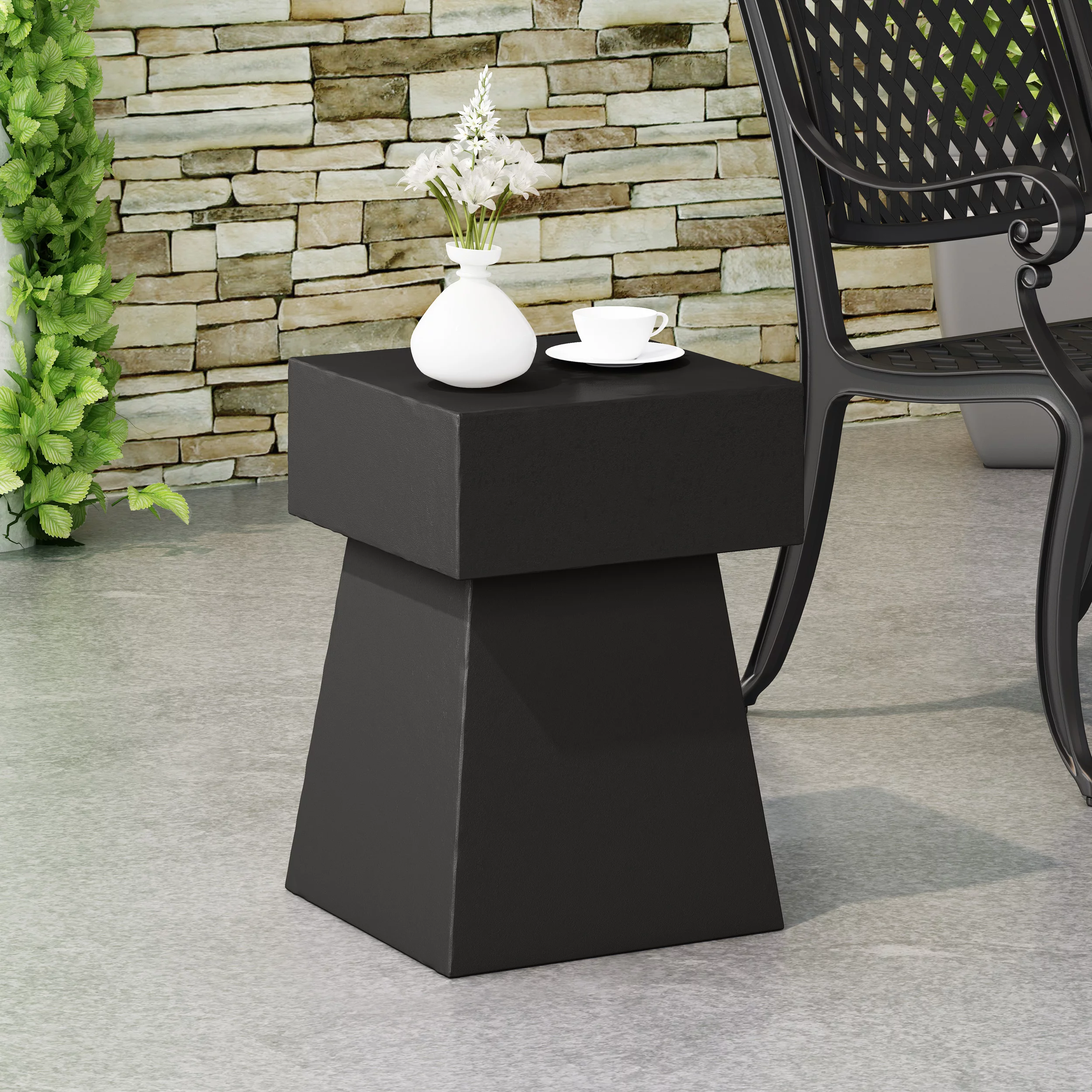 GDF Studio Karrah Outdoor Modern Lightweight Concrete Side Table, Matte Black