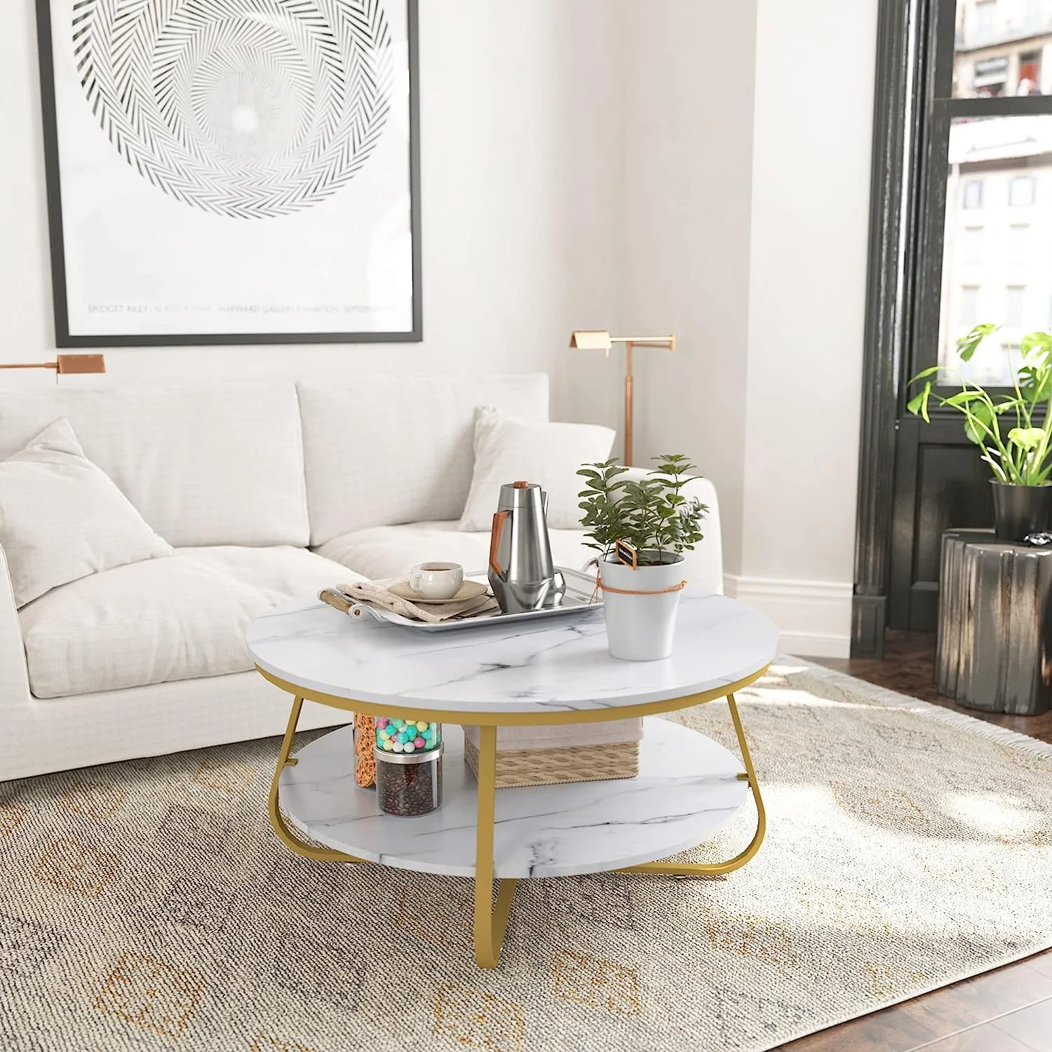 Round Coffee Table with Storage  35.8 Inch Industrial Wood Coffee Table with Metal Frame for Living Room (Rustic Brown)