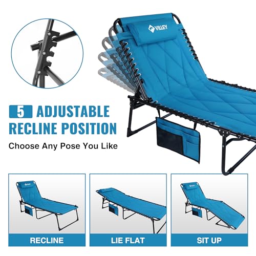 VILLEY Oversized Padded Chaise Lounge with Cushion, Foldable Camping Cot, Patio Reclining Lounge Chairs, Folding Sleeping Bed for Outdoor, Indoor, Backyard, Garden, Camping, Relaxing, Beach Tanning