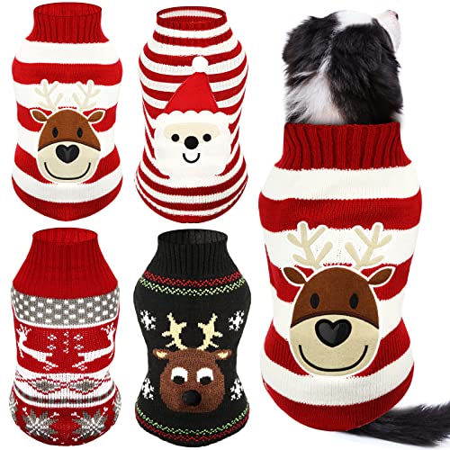 Frienda 4 Pieces Christmas Dog Sweaters Halloween Puppy Holiday Sweaters Santa Reindeer Snowman Snowflake Pumpkin Pet Clothes for Xmas Dog Cat Costume(Cute Pattern,Small)