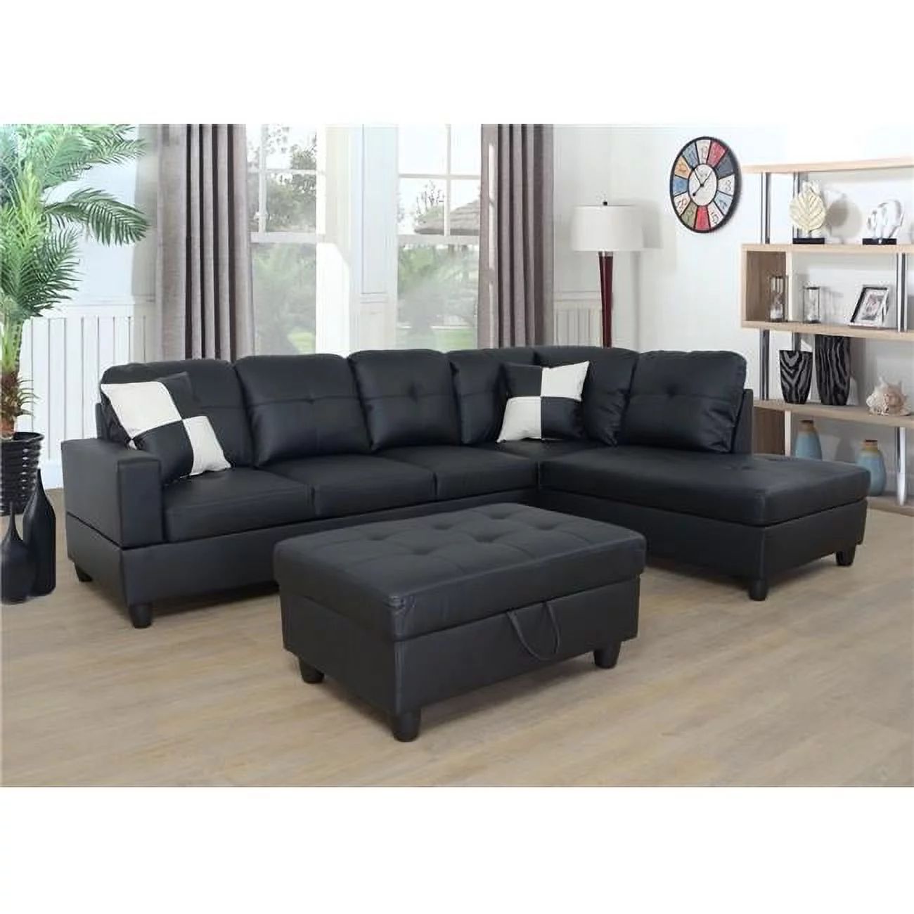 Right Facing Sectional Sofa Set with Ottoman  Black Faux Leather - 3 Piece