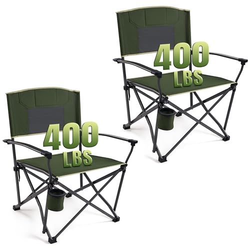 Oversized Folding Camping Chairs for Adults Heavy Duty Camp Chair Support 400 LBS Steel Frame Metal Arm Lawn Chairs with Swivel Cup Holder & Hollow Backrest Extra Large Outdoor Chairs Green