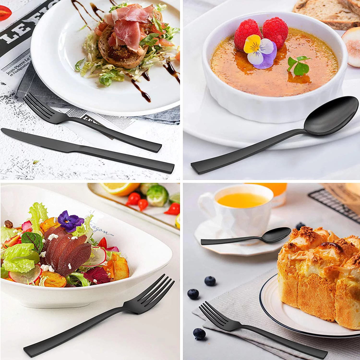 Walchoice 20-Piece Black Silverware Set with Drawer Organizer, Stainless Steel Flatware Cutlery Set for Home Restaurant, Elegant Eating Utensils Tableware Plus Plastic Tray