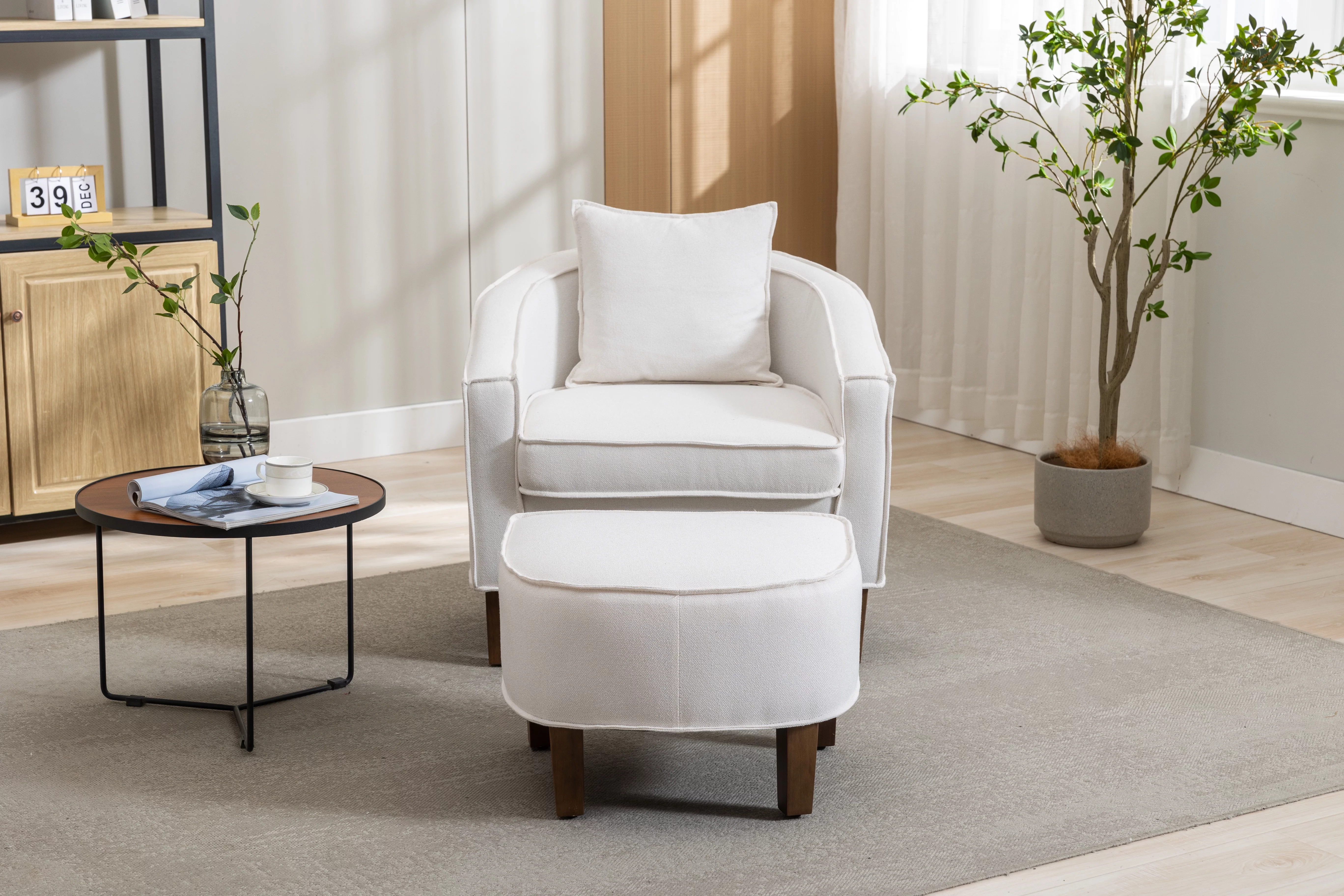 Accent Chair with Ottoman, Modern Linen Single Sofa Chair, Upholstered Accent Arm Chair with Wood Legs, Barrel Chair with Ottoman, Accent Chair for Home Office Living Room Bedroom, Beige