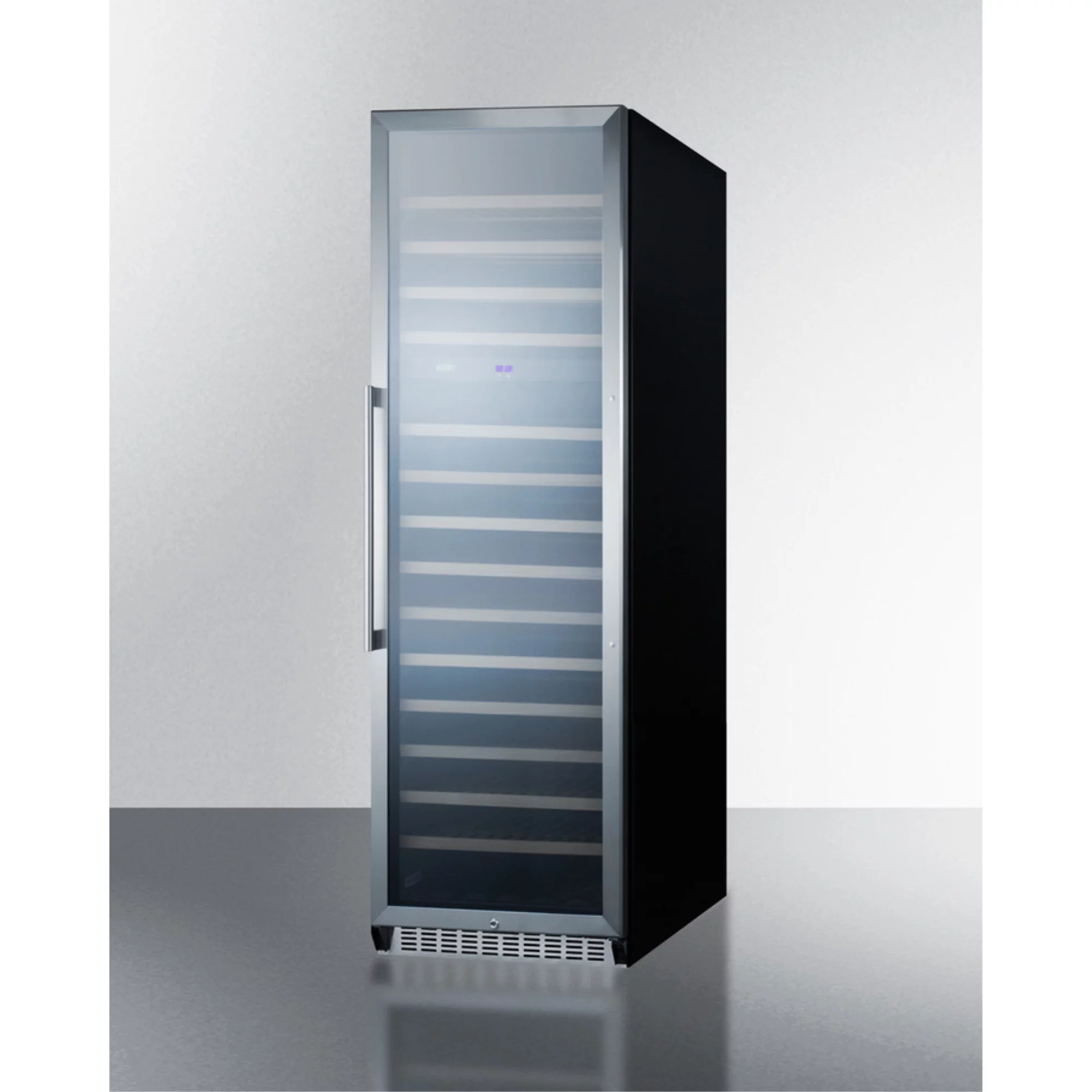 2-zone 160 bottle wine cellar with glass door, digital thermostat, and black cabinet