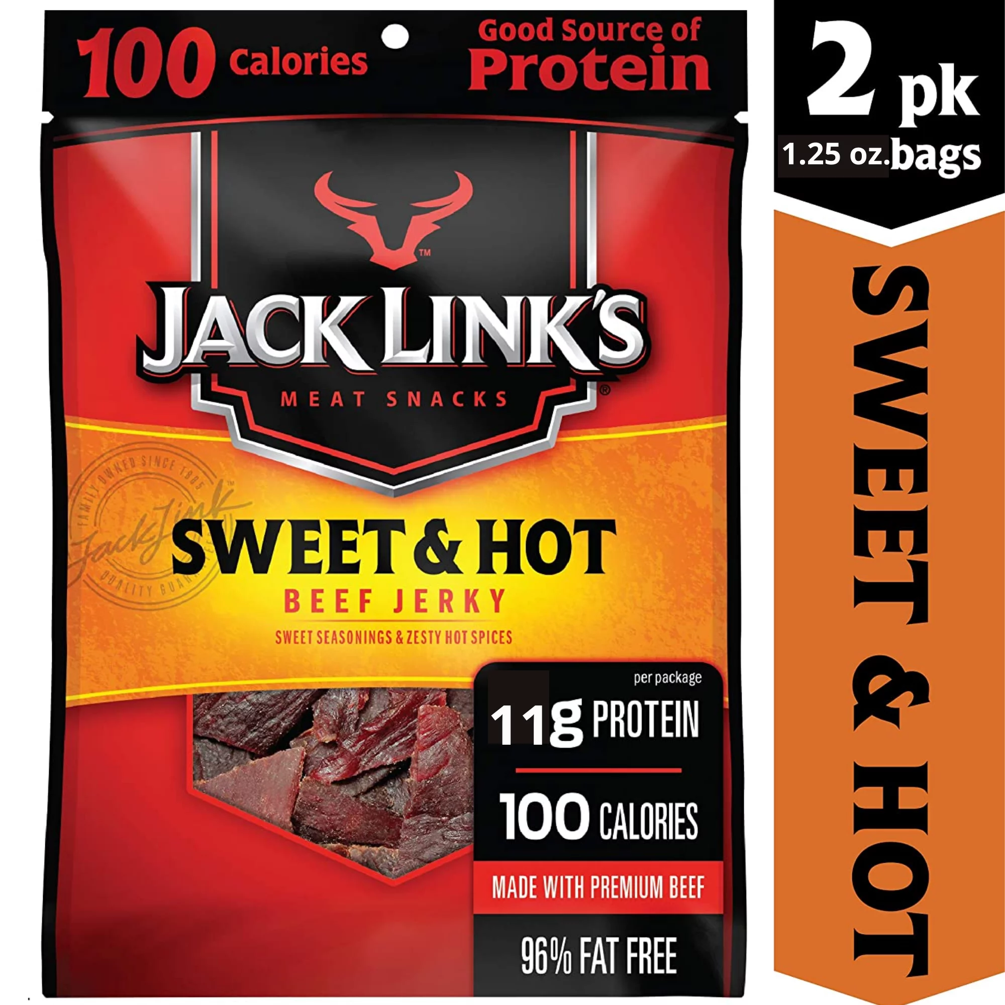 Jack Link’s Beef Jerky Sweet and Hot Flavorful Meat Snack for Lunches, Ready to Eat ,11g of Protein, Made with 100%  Premium Beef, No Added MSG or Nitrates, 1.25 Oz. Each, 2 Bags