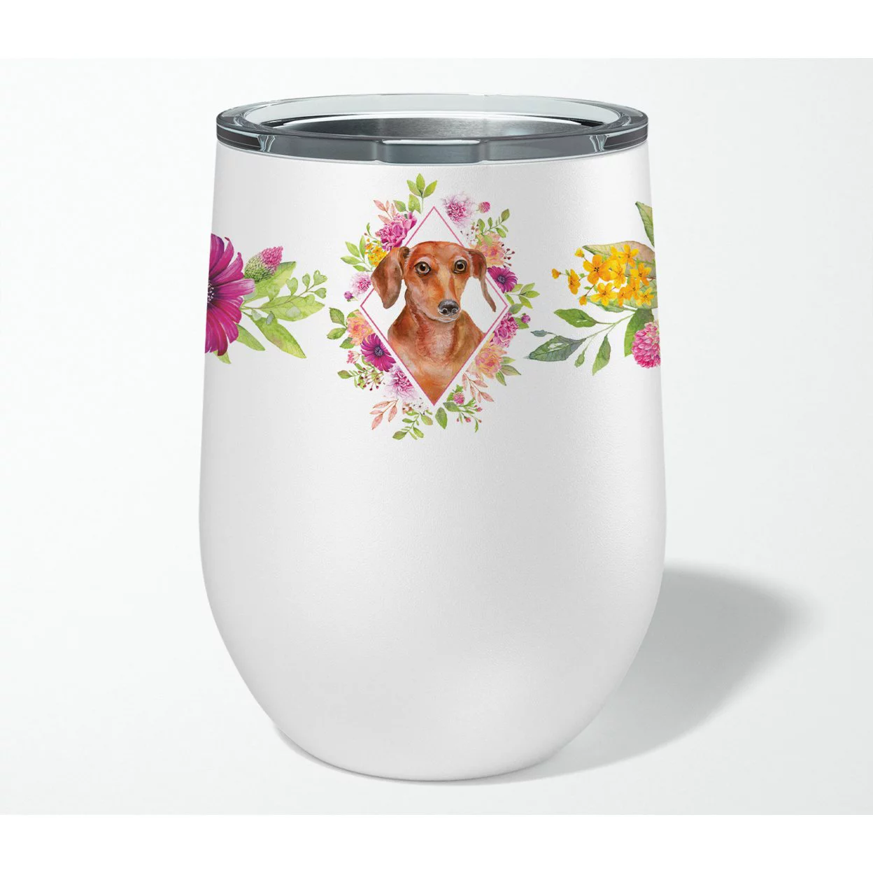 Carolines Treasures CK4135TBL12 Dachshund Red 2 Pink Flowers Stainless Steel 12 oz Stemless Wine Glass, 12 oz,