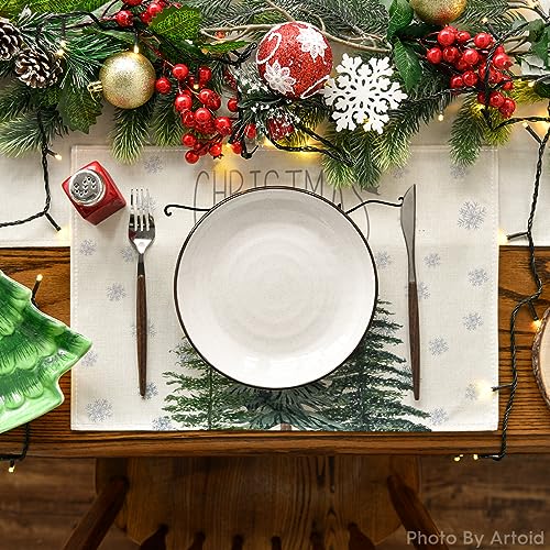 Artoid Mode Beige Pine Tree Snowflake Merry Christmas Placemats Set of 4, 12x18 Inch Seasonal Winter Xmas Holiday Table Mats for Party Kitchen Dining Decoration