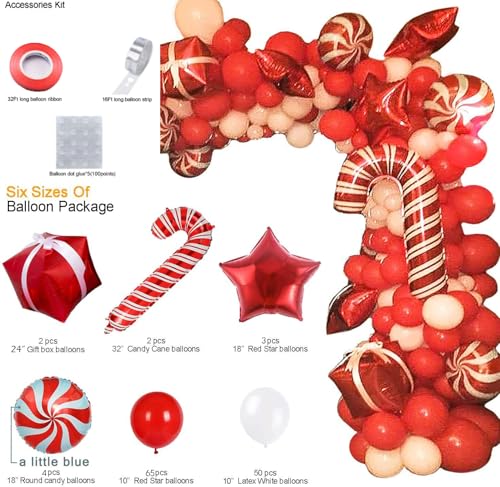Bonropin Christmas Balloon Arch Kit - Red White Balloons, Candy Balloons, Red Star Foil Balloons, Candy Cane Foil Balloons, Box Foil Balloons for Xmas Balloon Garland Kit Christmas Party Decorations