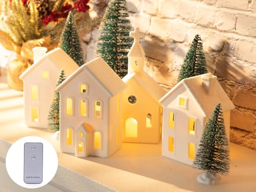 9 Pcs Christmas Village Figurines Sets - 4 Lighted Ceramic Houses with Remote Control & 5 Trees - Christmas Decorations Indoor - White Xmas Holiday Farmhouse Rustic Decor for Home Table Room