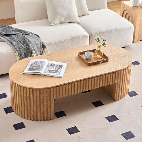 Oval Coffee Table for Living Room Modern Fluted Coffee Table with Storage Drawer Wood Accent Table for Office Apartment 51.18'' Oak