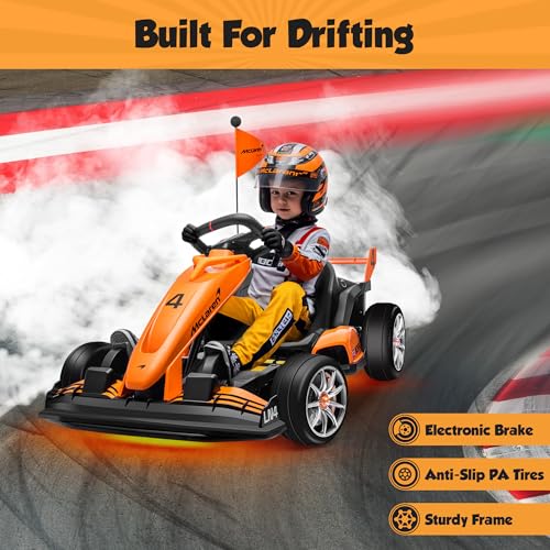 ENYOPRO 24V 7Ah Electric Go Kart for Kids, Licensed McLaren Go Cart w/3-Section Adjustable Seat, Soft Start & Brake Pedal, Electric Drift Kart w/LED Lights, 7.5 MPH, Crazy Cart for Kids 6-12 Years Old