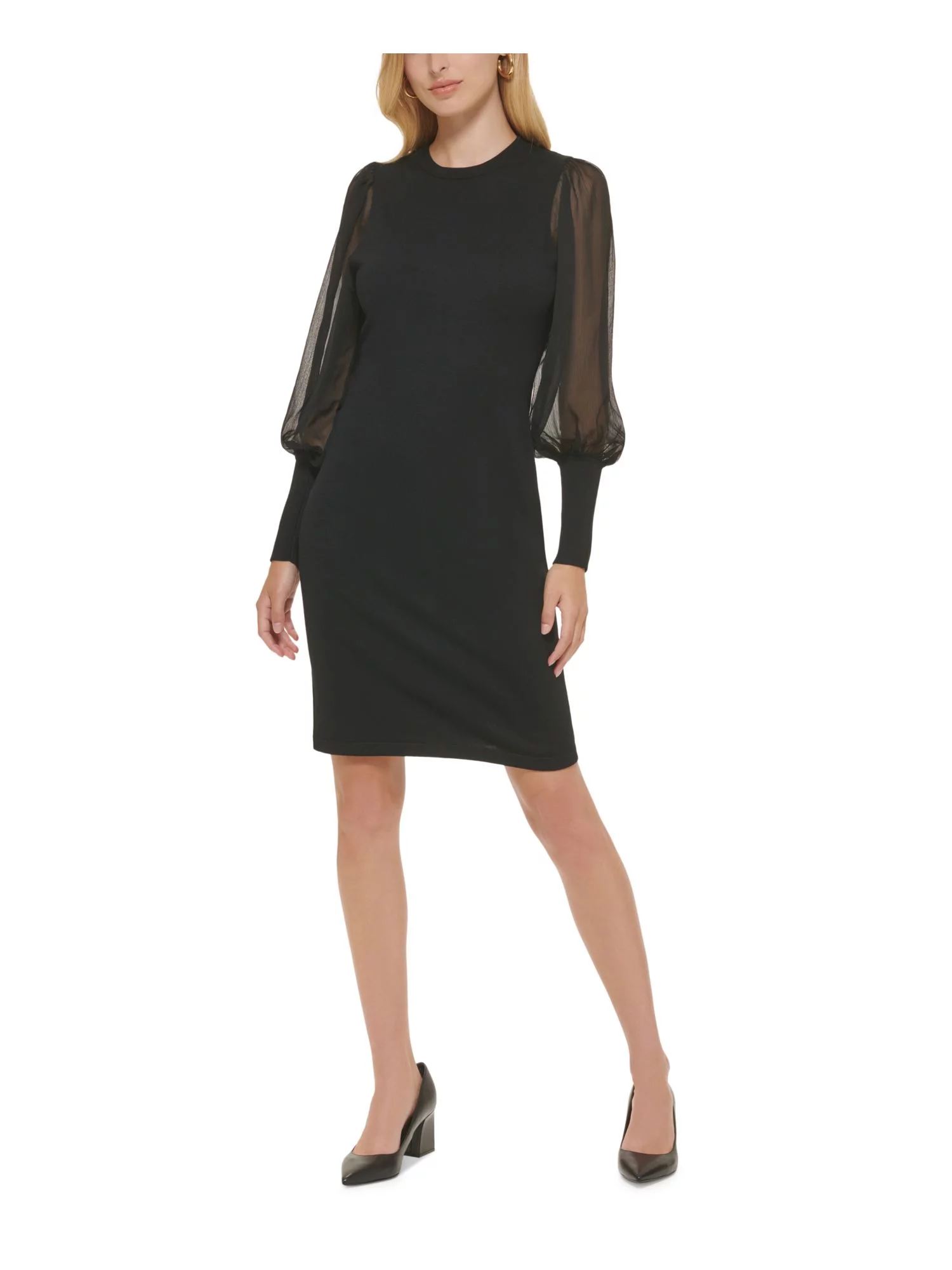 DKNY Womens Black Stretch Ribbed Sheer Unlined Blouson Sleeve Crew Neck Knee Length Wear To Work Sheath Dress M