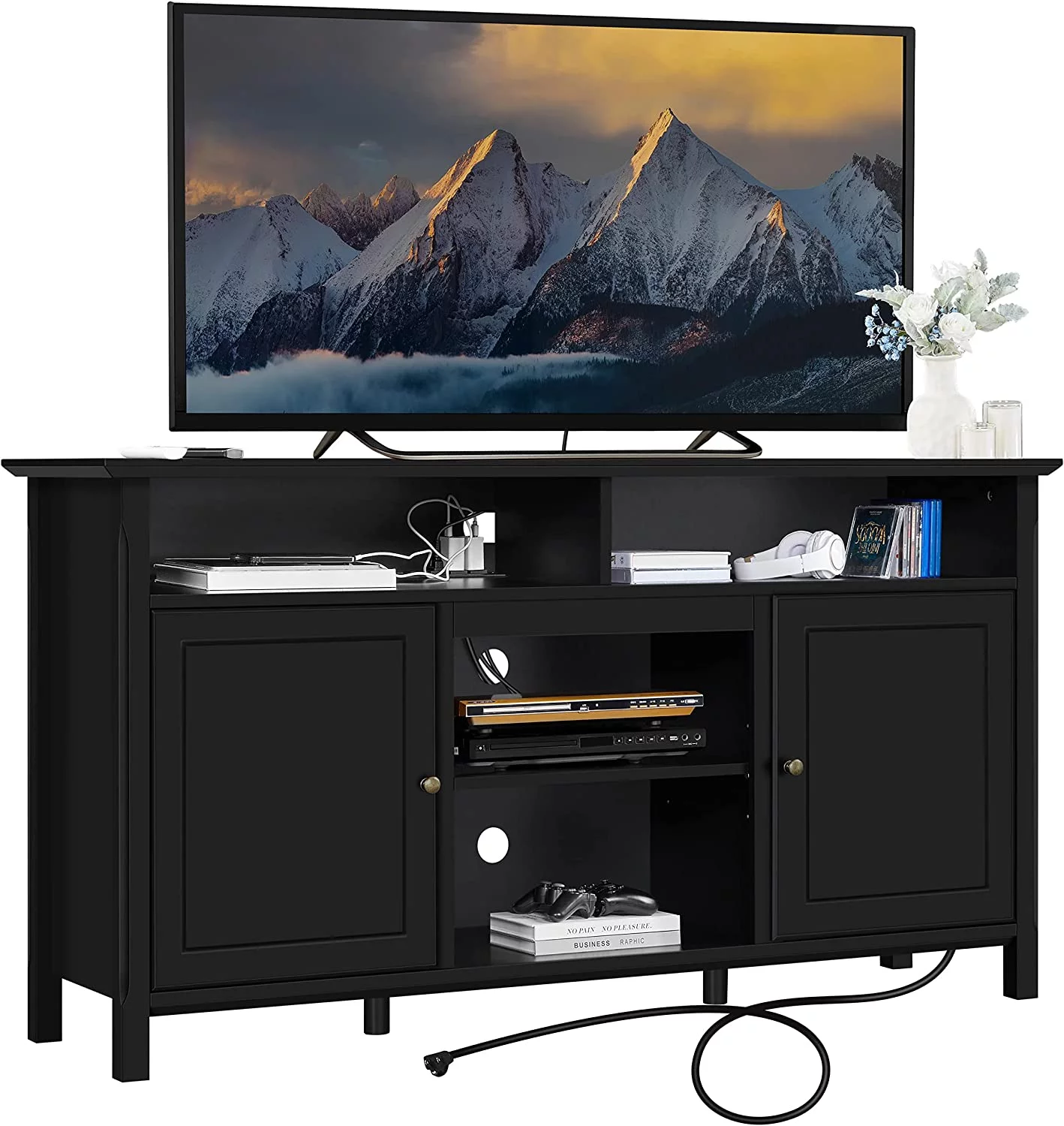 HJZUINIUNIU Black TV Stand with Doors for TVs up to 65 in  Modern TV Console with Power Outlet &    Mid-Century Entertainment Center for Living Room  31 in Tall