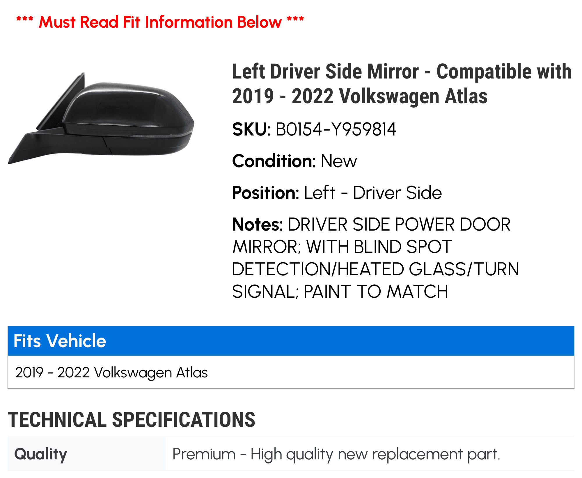 Left Driver Side Mirror - Compatible with 2019 - 2022 Volkswagen Atlas 2020 2021