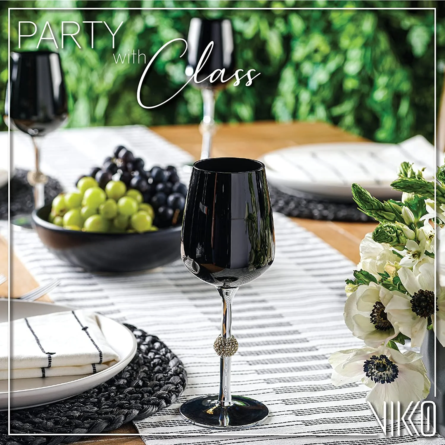 Black  Silver Wine Glasses | 14.2 Ounce Cup – Striking Black  Silver Design With Diamante Accents – Dishwasher Safe – Set Of Twelve Stunning Wine Glasses – 9.2” X 2.4”