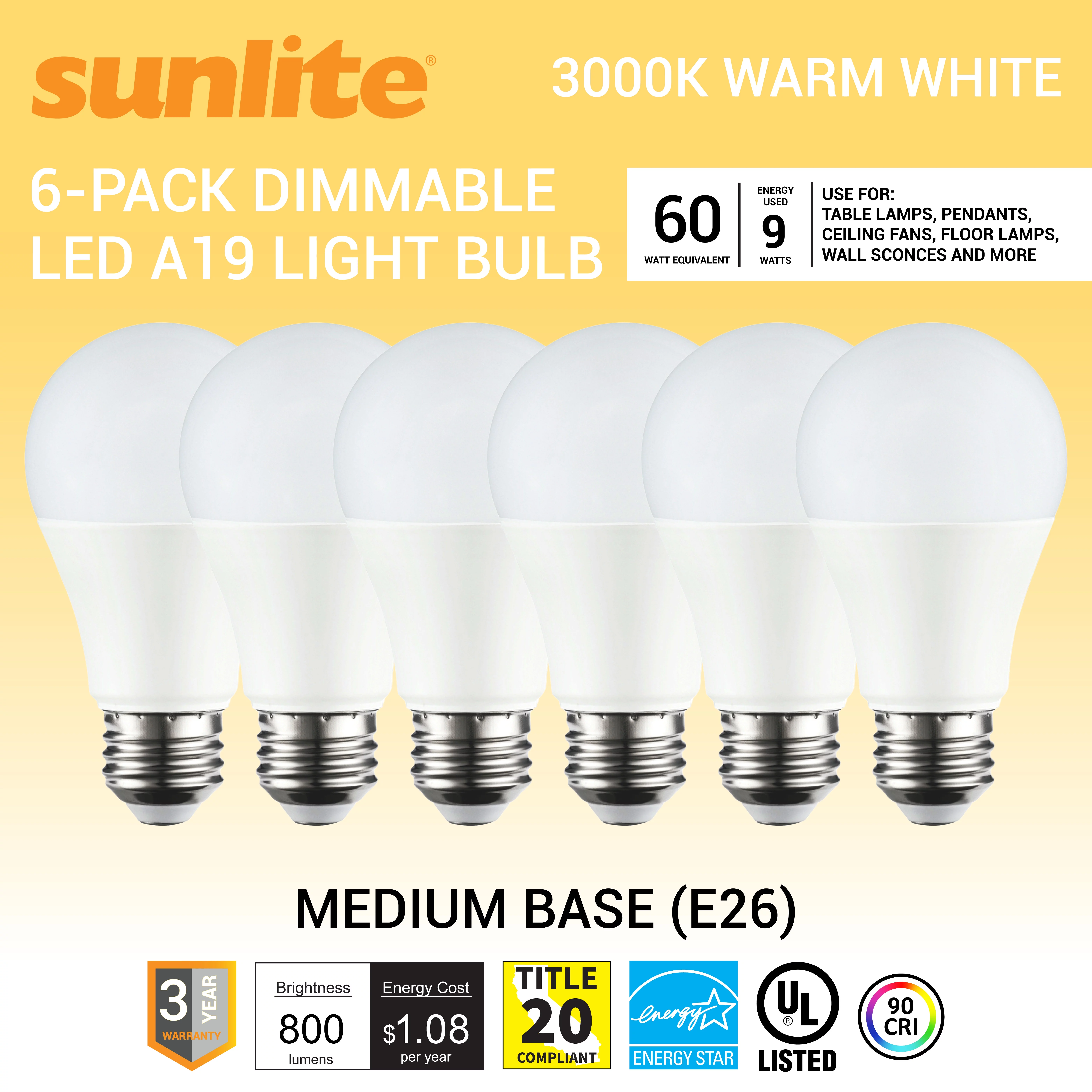Sunlite LED A19 Standard Household Light Bulb, 9 Watts (60W Equivalent), Medium E26 Base, Dimmable,UL Listed, 3000K Warm White, 6-Pack