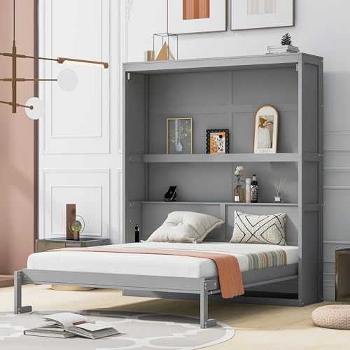 Queen Size Murphy Bed Wall Beds with Storage Shelves,Hide Away Bed Frame Easily Folds into Wood Cabinet,W/Mattress Holder,for Small Space,Guest Room,Apartment,Gray