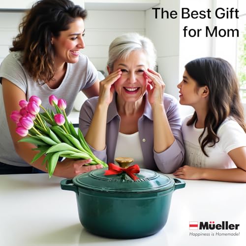 Mueller 6qt Enameled Cast Iron Dutch Oven, Heavy-Duty Casserole and Braiser Pan with Lid and Knob, Oven-Safe up to 500° F & Across All Cooktops, White