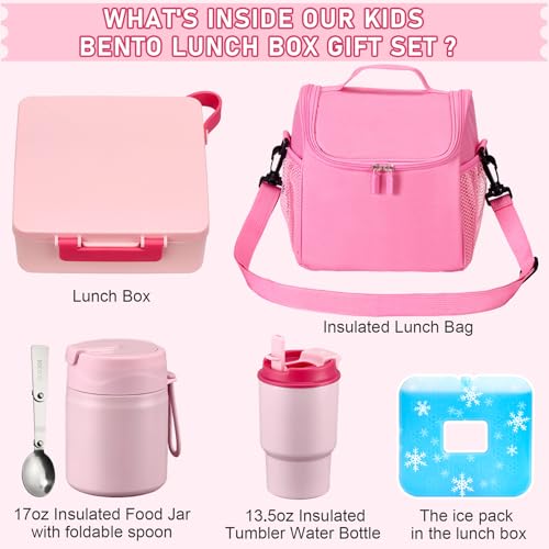 Bento Lunch Box for Kids with 17oz Soup Thermo,Insulated Tumbler Water Bottle and Insulated Lunch Bag,Leak-Proof 3 Compartment Lunch Food Container with with Ice Pack for Kids to School-Black