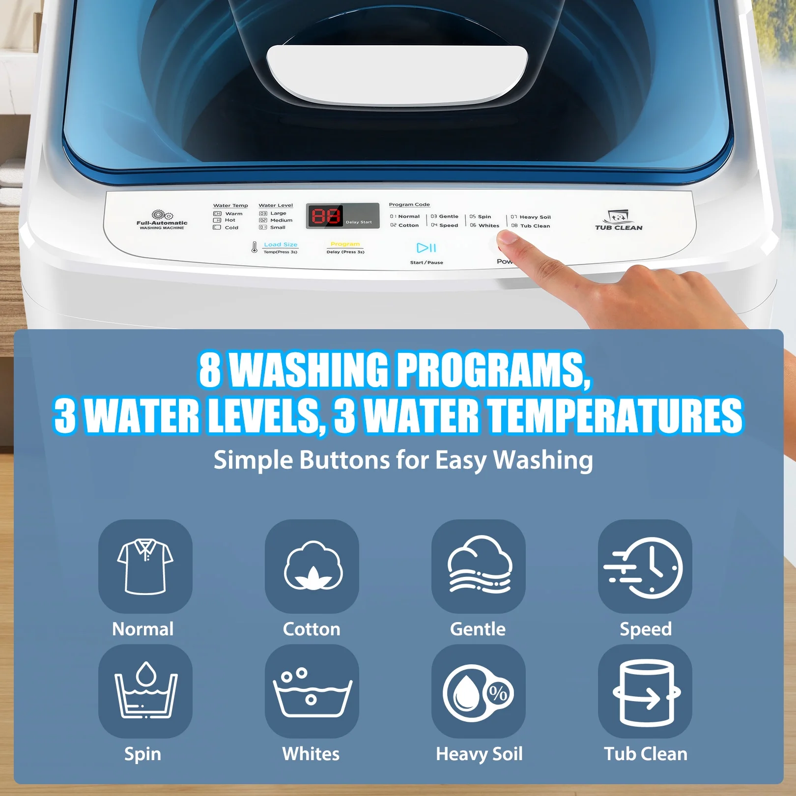 Tikmboex 17.8LBS Portable Washing Machine with 8 Programs 3 Water Temperatures 3 Water Levels Selection, Fully Automatic Washer with Clear Lid and LED Display, Quiet and Energy Efficient