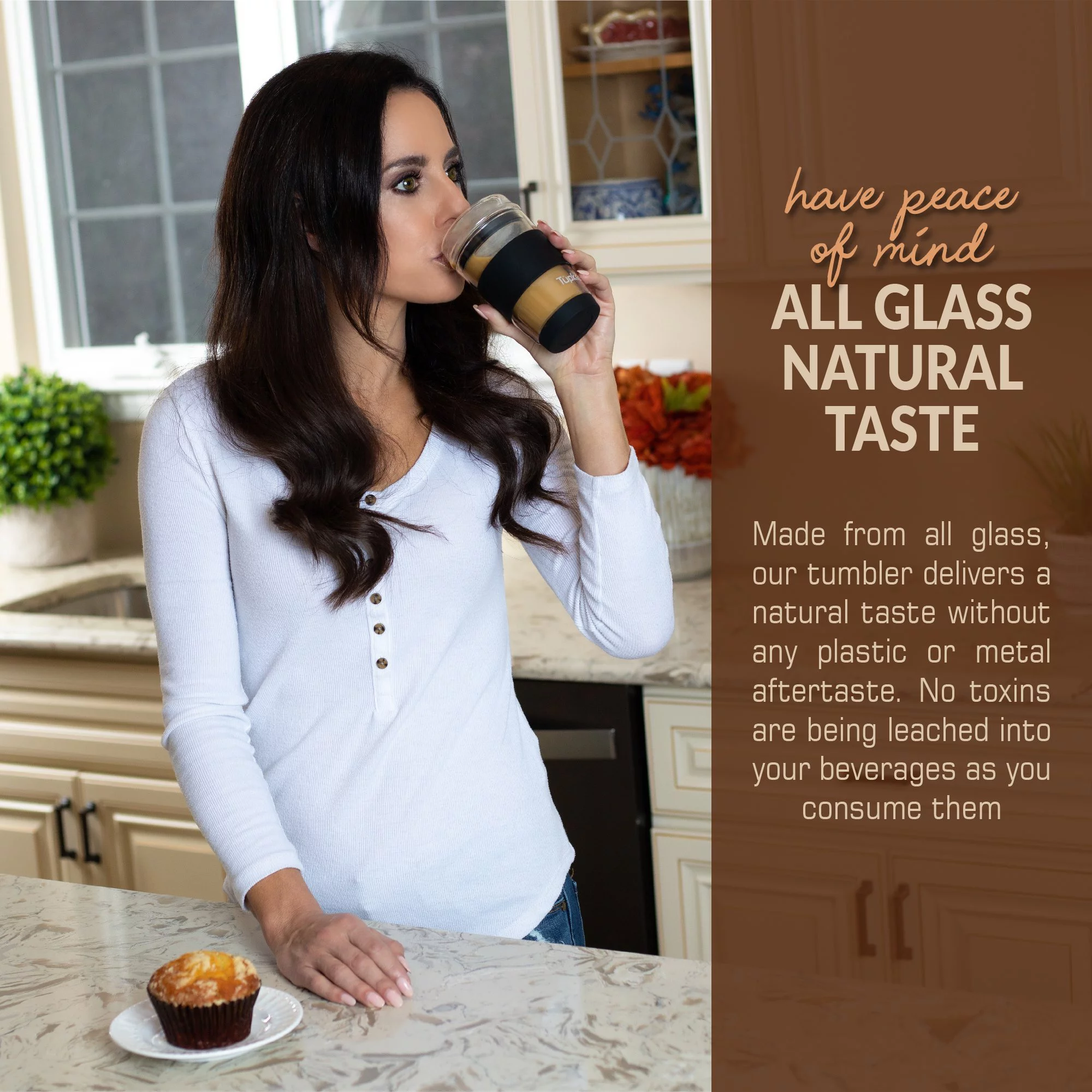 Tupkee Double Wall Glass Tumbler - All Glass Reusable Insulated Tea/Coffee Mug & Lid, Hand Blown Glass Travel Mug, 8-Ounce, Black