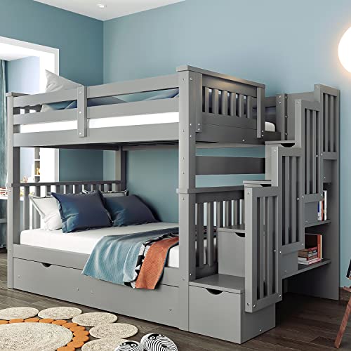 MERITLINE Twin Over Full Bunk Bed with Twin Size Trundle, Wooden Bunk Bed with Stairway, Storage and Guard Rail for Kids, Adults (Gray)