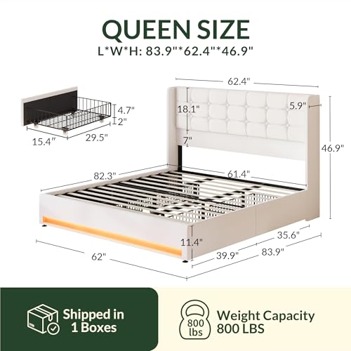 Queen Size LED Bed Frame with 4 Storage Drawers and Tufted Headboard Velvet Upholstered Platform Bed Frame Wingback Beds with Heavy Duty Wood Slats, Easy Assembly, White
