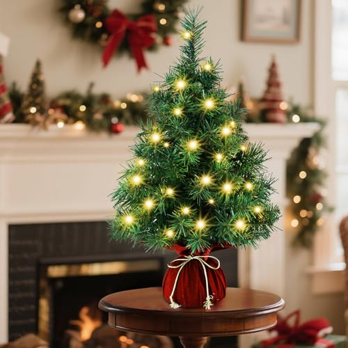 22 Inch Pre-Lit Desktop Christmas Tree with 35 Warm White Lights, Artificial Mini Xmas Tree with 75 Branches & Red Velvet Base for Office Home Tabletop Holiday Decor