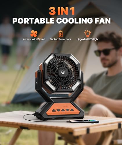 Battery Powered Fan -Camping Fan with Led Lantern, 12000mAh Portable Rechargeable, Battery Operated for Tent, Hook 4 Speed Quiet Personal for Desk, Travel, Fishing, Power Outage, Hurricane-Green