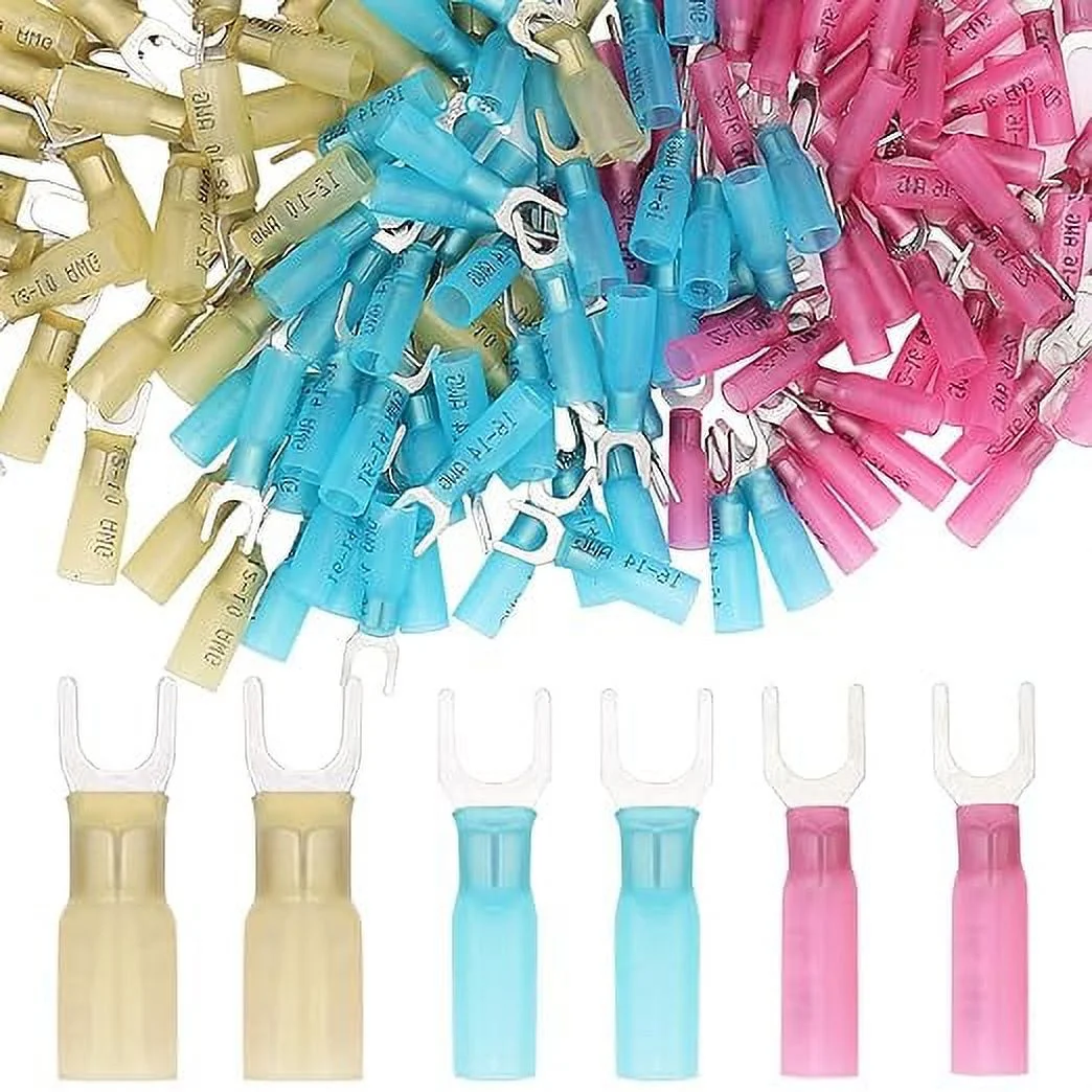 100 PCS 22-16 16-14 12-10 Gauge Heat Shrink Fork Terminals #10 Quick Disconnect Electrical Insulated Crimp Connector - Insulated Electrical Connectors for Aircraft,Boat,Truck,Stereo