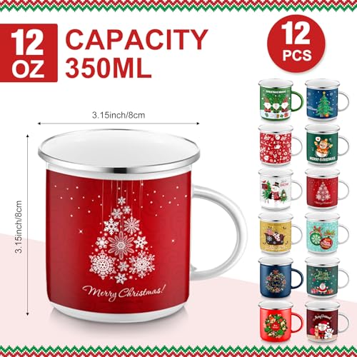 Sliner 16 Pcs Christmas Enamel Mugs, 12 oz Coffee Mugs Bulk Hot Chocolate Mug Set Cute Enamel Tea Cups Winter Holiday Christmas Employee Gift for Family Coworkers (Classic Style)