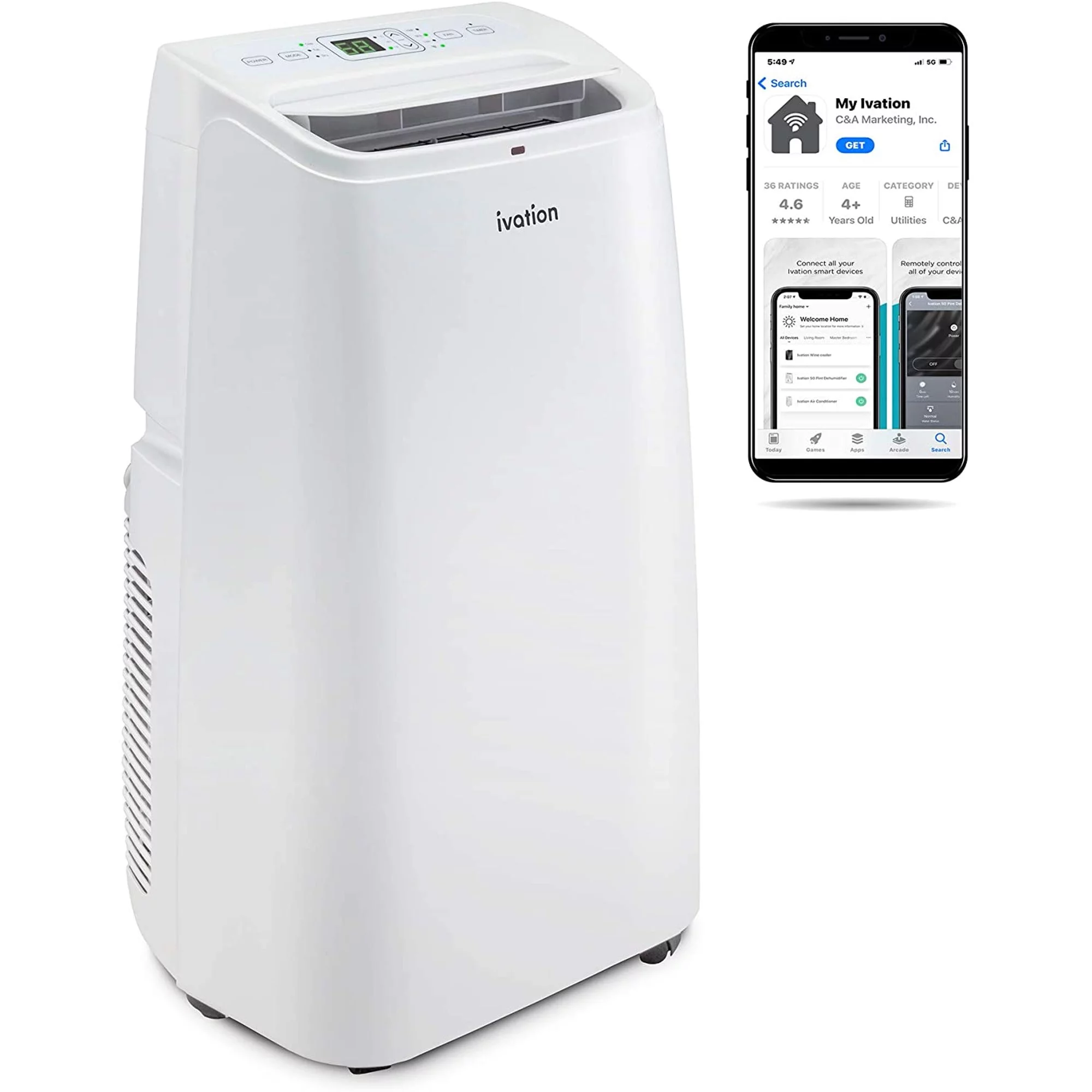 Ivation 12,000 BTU Portable Air Conditioner with Wi-Fi for Rooms up to 450 Sq ft