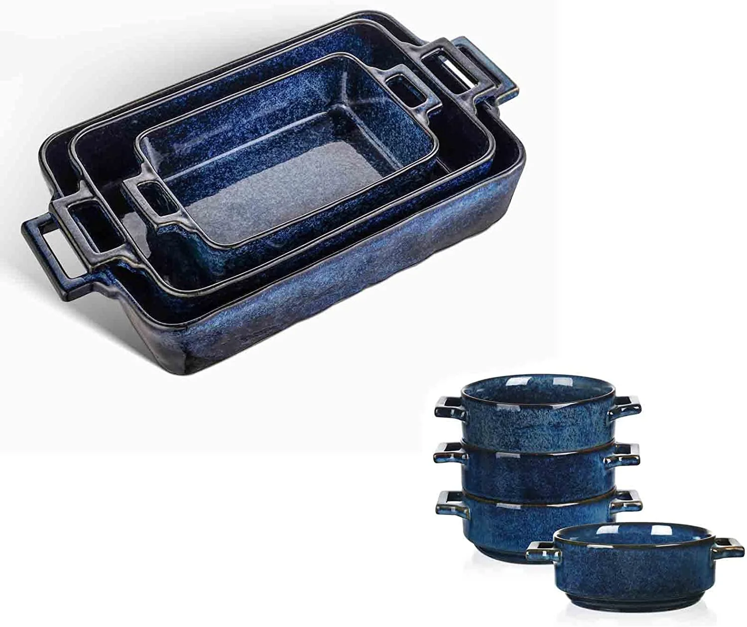 JIAH 7-Piece Kitchen Bakeware Set, Soup Crocks for French Onion Soup, Porcelain Rectangular Baking Dish for Cooking, Kitchen, Cake Dinner, Microwave and Oven Safe (Blue)