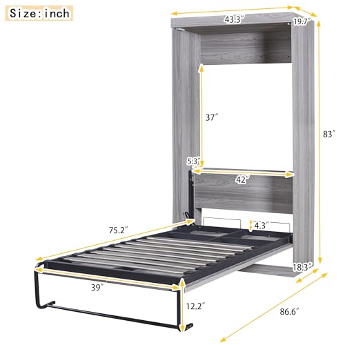 Full Murphy Bed with Bookcase Shelves and 6 Drawers,Metal & Pine Wood Folding Murphy Wall Bed Cabinet for Adults