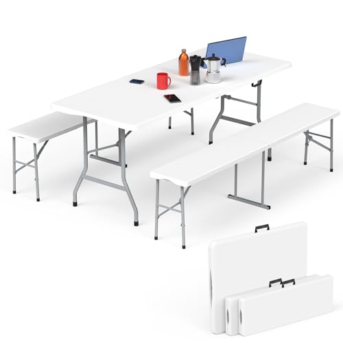 HLPB Folding Table Picnic Table Set, 6 ft Camping Table with 2 Benches, Outdoor Indoor Portable Folding Furniture for Working Meeting Party, Camping, Picnic, Weddings w/Handle and Safety Locks, White