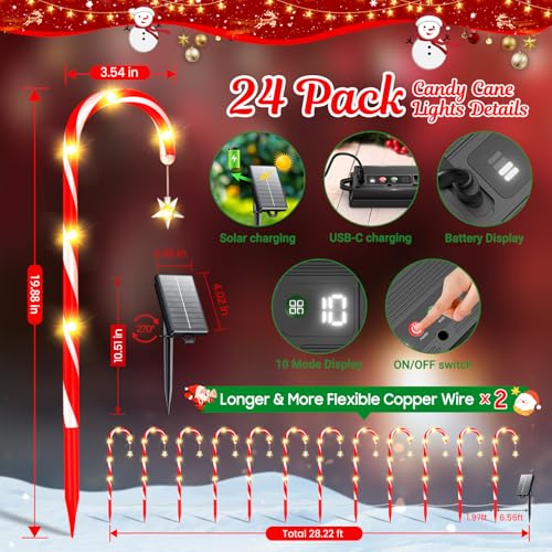 E-Kong 24 Pack Solar Candy Cane Lights Outdoor Christmas Decorations, 10 Modes, 12 Hours Bright Lighting Christmas Decorations Outdoor, Solar Pathway Lights Waterproof for Yard Patio Garden