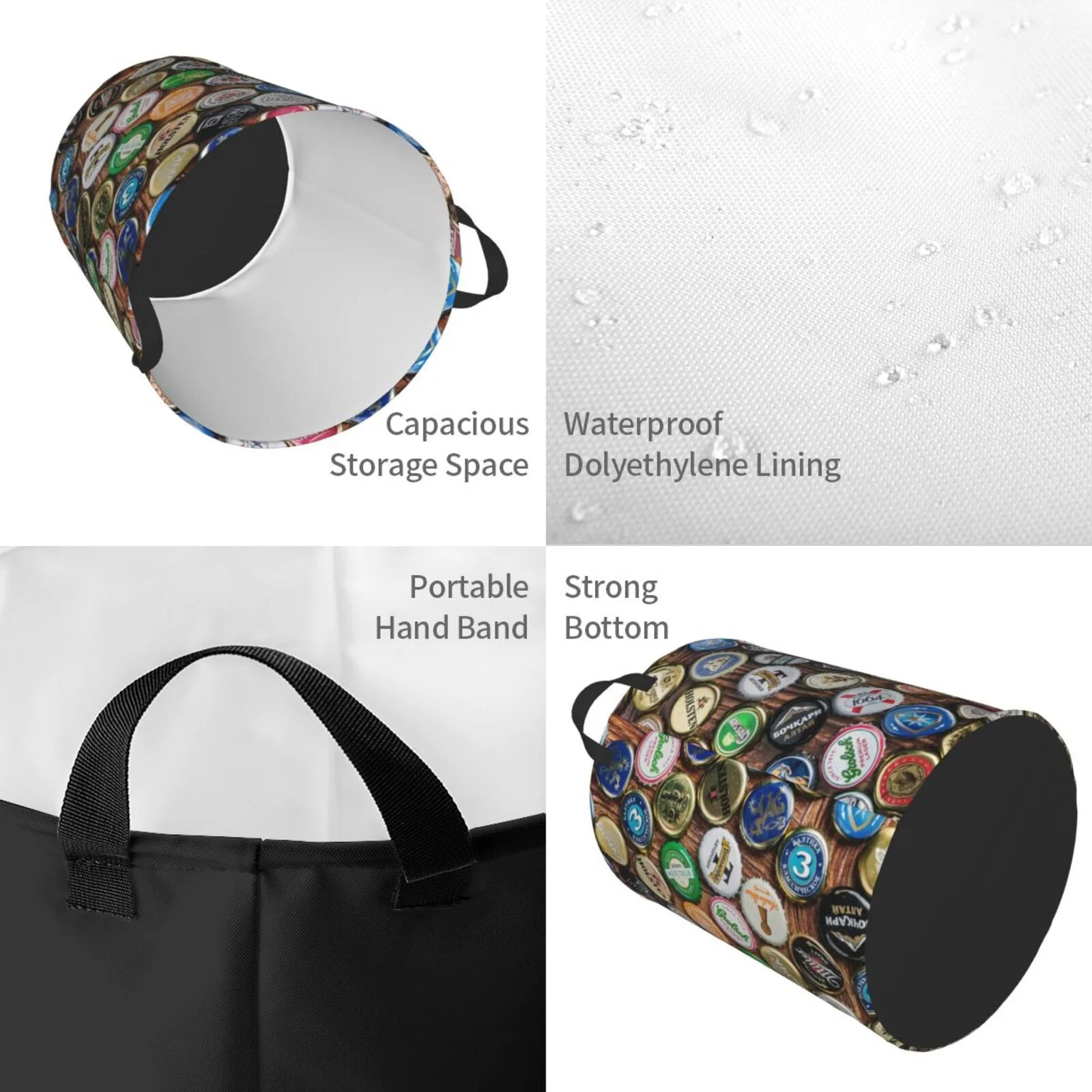 Fotbe Laundry Hamper With Durable Leather Laundry Basket Beer Caps Thickened Waterproof Round Collapsible Laundry Hamper, Dirty Clothes Laundry Basket