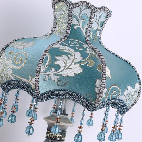 Victorian Style Blue Table Lamp, Flower Decorative Bedside Desk Lamp with Bead Curtain, Resin Base, Elegant Night Light for Bedroom Nightstand