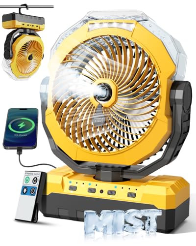 460ml Large Tank Portable Misting Fan, 24000mAh Rechargeable Battery Powered Camping Fan with 2 Meters Spray, Light & Remote for Indoor, Outdoor, Patios, Travel, Jobsite Beach Summer Essentials, Black