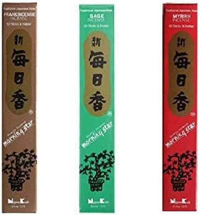 Morning Star Incense Bundle Of 3 X 50 Sticks Boxes (, Sage, Myrrh) - Premium Incense Sticks From Japan, 98834, 98836, 98835