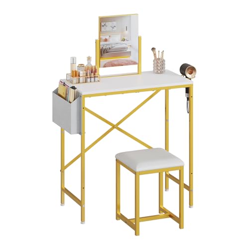 Makeup Vanity Set with 360°Rotating Mirror amd PU Leather Chair, Compact Small Vanity Desk with Side Pocket for small space, Dressing Table for Bedroom, Cheap Gold and White Vanity for Girls and Women