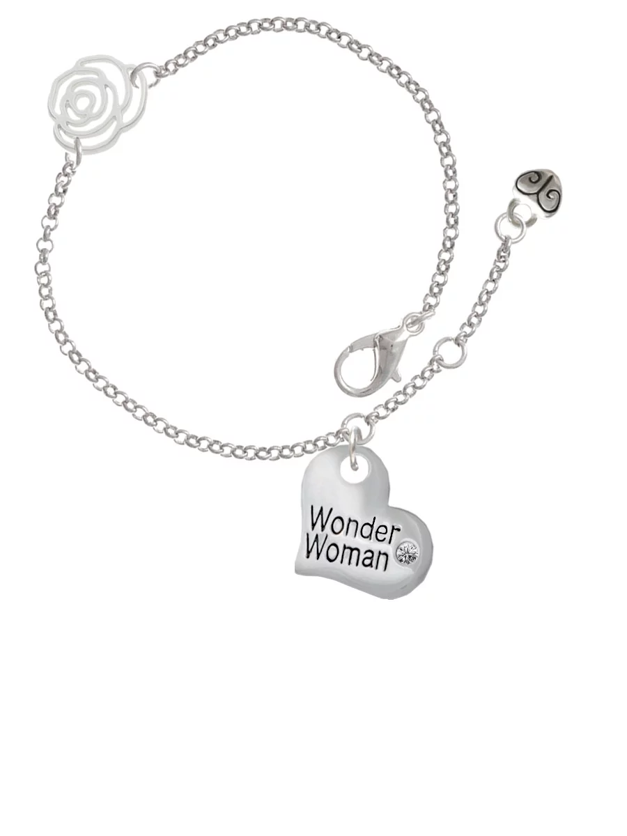Delight Jewelry Silvertone Large Wonder Woman Heart Silver-tone Rose Link Chain Bracelet, 6.25