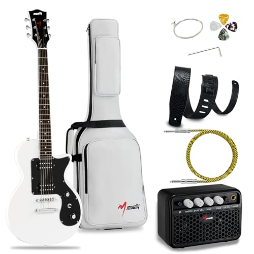MLP-1 39 Inch Electric Guitar Kit, Beginner LP Full Size Solid Body Electric Guitar With HH Pickups, Gig Bag, Amplifier, Strap, Cable, Picks, String (White)