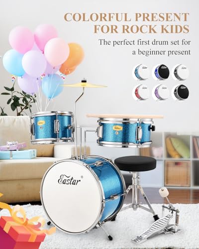 Kids Drum KIt Eastar 3-Piece for Beginners, 14 inch Drum Set with Adjustable Throne, Cymbal, Pedal & Two Pairs of Drumsticks, Junior Drum Set with Bass Tom Snare Drum, Metallic Sky Blue