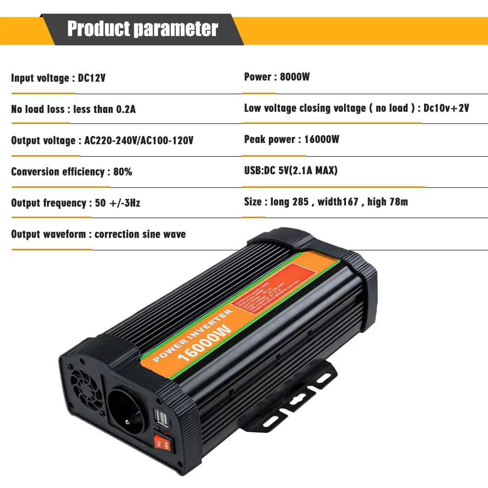 DFITO Inverters, 16000 Watts Power Inverters Converter Adapter DC 12V TO AC 110V Car Converter with Dual Ac Outlet and USB Car Charger