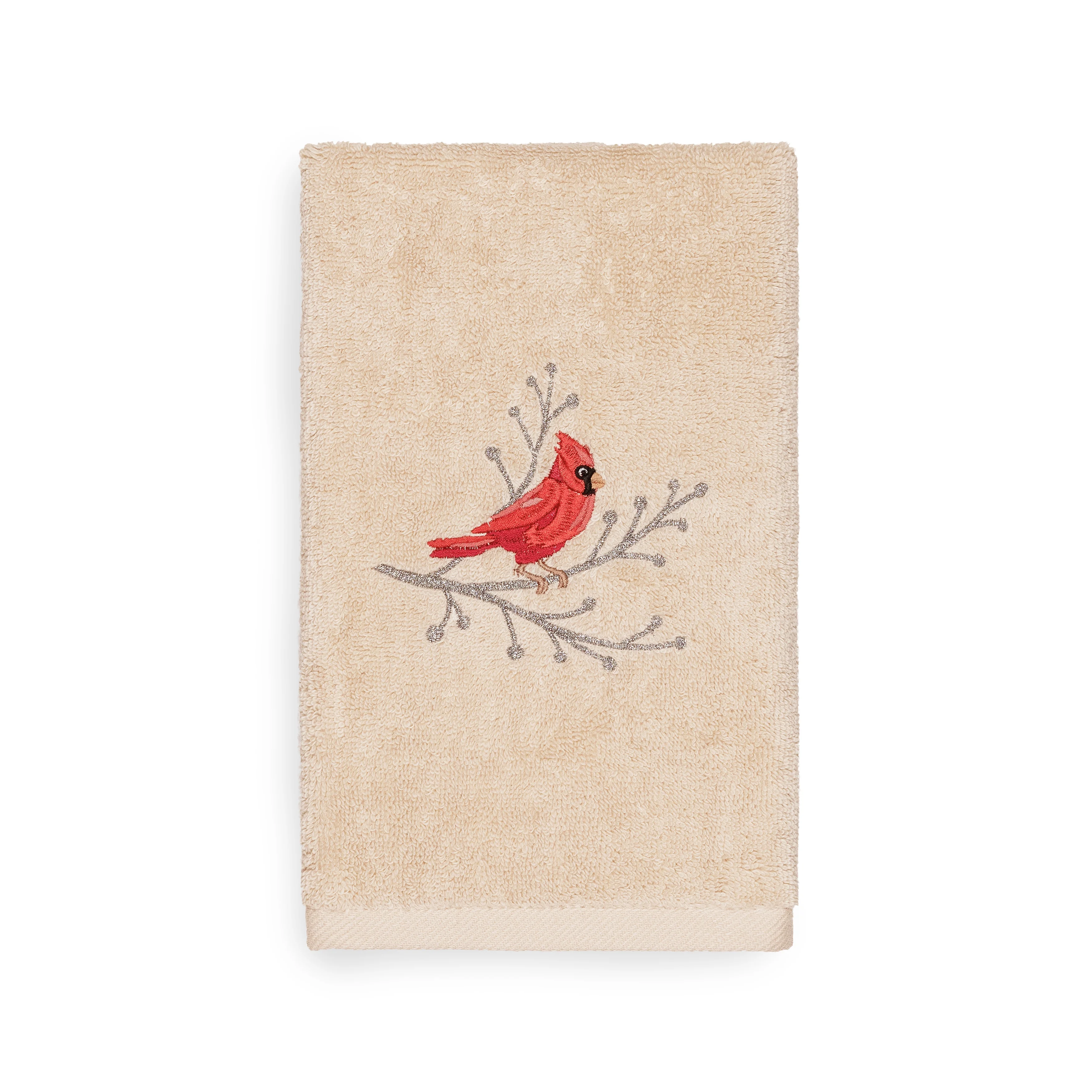Linum Home Christmas Cardinal Embroidered Beige Turkish Cotton Hand Towel