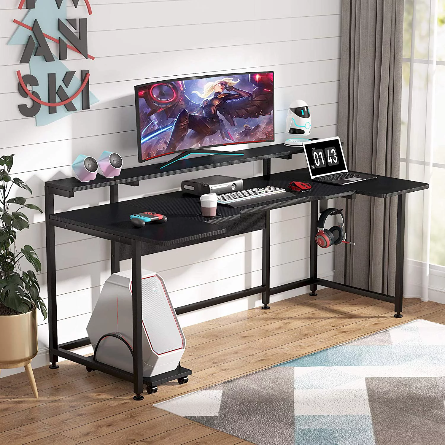 Tribesigns U Shaped Computer Desk with Hutch, 74.8 Inches Gaming Desk with Monitor Stand Shelf, Black Gamer Command Center Workstation Desk for Gaming (Black)